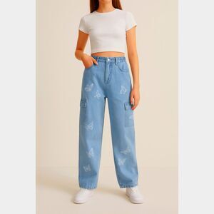 SHEIN Teen 16Y Butterfly Cargo Baggy Jeans Elastic Waist Back Wide Leg Y2K Denim